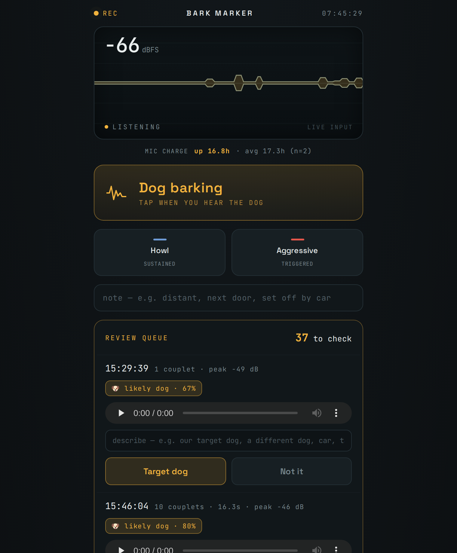 Bark Marker desktop dashboard showing detected barking incidents over a day with an hourly chart and a recent incident list