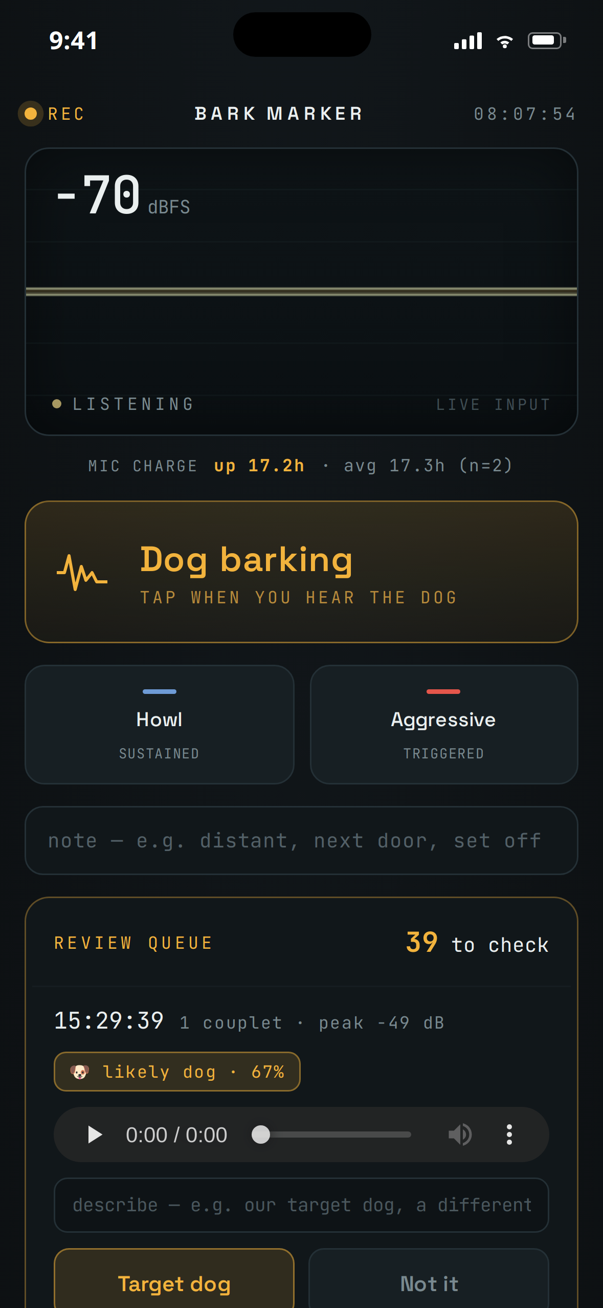 Bark Marker phone app showing the live meter, the tap-to-confirm bark button, and the review queue